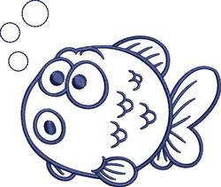 Cartoon fish with large eyes and dark blue outline, surrounded by three playful bubbles in a cheerful underwater theme.
