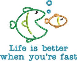 Playful design featuring a large green fish and a smaller orange fish with bubbles, text saying 'Life is better when you’re f