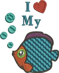 Playful fish design with vibrant turquoise, orange, and purple colors, surrounded by cheerful bubbles.