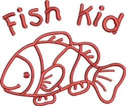 Playful fish with a reddish outline and charming expression, text 'Fish Kid' above in cartoon-style embroidery.