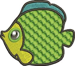 Playful fish applique with a green body, blue fin, and shiny eye, perfect for brightening any aquatic-themed decor.