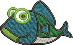 Cartoon fish in vibrant blue and green hues features whimsical eyes and a playful black outline.