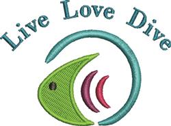 Playful fish in vibrant green with abstract red fins, surrounded by teal curves, featuring 'Live Love Dive' text.