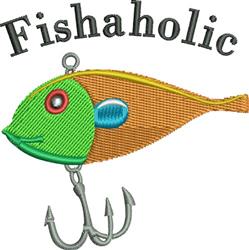 Cartoon fish with vibrant green and orange body, fishing hook below, and 'Fishaholic' text, ideal for aquatic hobbies.