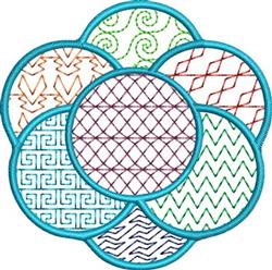 Floral design featuring interconnected circles with vibrant patterns and a turquoise stitch outline, modern aesthetic.