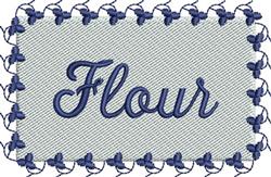 Stylish blue 'Flour' text on a light grey background, framed by a decorative border with blue bows.