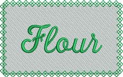 Whimsical embroidery design featuring 'Flour' in cursive, surrounded by a vibrant green border, perfect for charming kitchens