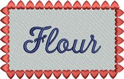 Playful kitchen embroidery featuring 'Flour' in cursive blue on textured gray, framed by scalloped red border.