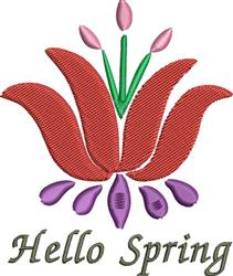 Cheerful flower with large red petals and green stems in spring. Features purple accents and 'Hello Spring' text.