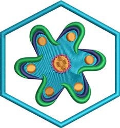 Flower-like shape in playful design with a blue core, green petals, and orange dots within a hexagonal frame.