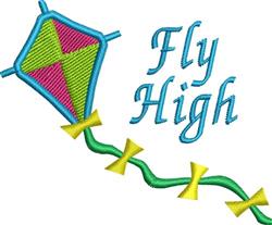 Playful kite in vibrant green, pink, and yellow hues with blue thread outline and 'Fly High' text.
