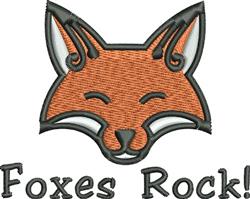 Playful fox face in orange and white with a friendly smile, featuring the text 'Foxes Rock!' below.