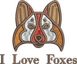 Cartoonish fox head with detailed facial markings in warm colors, above the playful text 'I Love Foxes.'