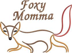 Whimsical fox with flowing lines in warm browns and oranges, featuring 'Foxy Momma' text above in a playful style.