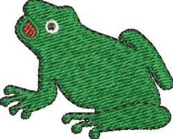 Cartoon frog with a vibrant green body, red mouth, and white eye, perfect for playful children’s apparel.