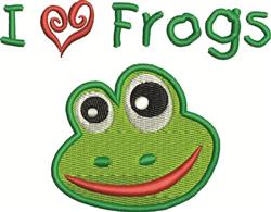 Playful frog face with large eyes and a smile, featuring vibrant colors and 'I ❤️ Frogs' text above.