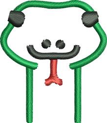 Playful frog face outline in green, featuring black eyes and a red tongue, perfect for kids' embroidery.