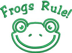 Playful frog face with large eyes and a cheerful smile, featuring the text 'Frogs Rule!' in vibrant green.