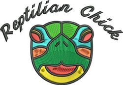 Playful frog face with vibrant green, orange, and blue colors, outlined in black. Text 'Reptilian Chick' adds whimsy.