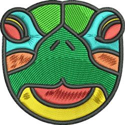 Colorful frog face design in vibrant green, blue, yellow, and orange with bold black outline, ideal for cheerful projects.