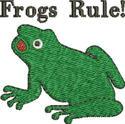 Playful green frog with a cheerful smile and bold text 'Frogs Rule!' perfect for machine embroidery.