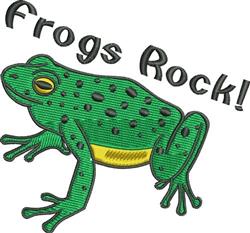 Playful frog design with a vibrant green body, yellow belly, and black spots, featuring 'Frogs Rock!' text.