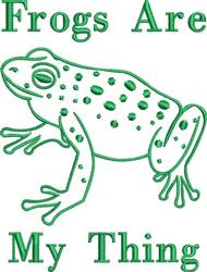 Cartoonish green frog with playful spots above 'Frogs Are My Thing' text, cheerful design for casual home decor.