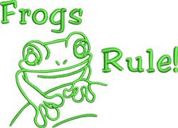Playful green frog with large eyes and a cheerful smile, surrounded by 'Frogs Rule!' text in matching green.