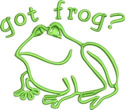 Playful frog with green outlines and text 'got frog?' above. Cartoon style emphasizes whimsy and fun.