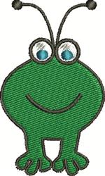 Playful frog with a bright green body, cheerful smile, and large blue eyes, perfect for children's designs.