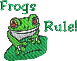 Cheerful green frog with red eyes on a rock, embroidered with 'Frogs Rule!' in playful letters.
