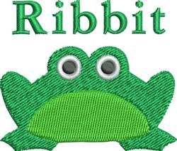 Playful green frog with googly eyes and light green belly, featuring 'Ribbit' text, perfect for fun embroidery.