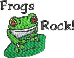 Playful frog with big eyes and a grin, sitting on a rock with vibrant colors and the phrase 'Frogs Rock!'