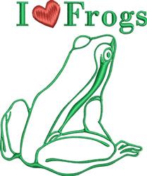Playful green frog with expressive eyes, surrounded by vibrant 'I ♥ Frogs' text, perfect for spring-themed crafts.