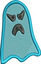 Cartoonish ghost with a frowning expression, bright blue outline, on a lighter blue background. Ideal Halloween design.