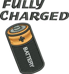 Playful battery design with a gold top and black body, featuring 'FULLY CHARGED' text in bold font.