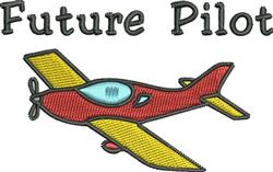Playful red airplane with blue cockpit and yellow wings, soaring above 'Future Pilot' text in vibrant colors.