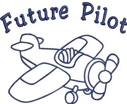 Playful airplane design outlined in blue with the phrase 'Future Pilot' in a fun font, perfect for kids' embroidery.