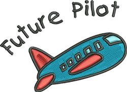 Playful cartoon airplane in blue with red accents, featuring 'Future Pilot' text, perfect for kids' apparel.