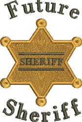 Playful sheriff's badge with a golden five-pointed star, black central stripe, and 'Future Sheriff' text.