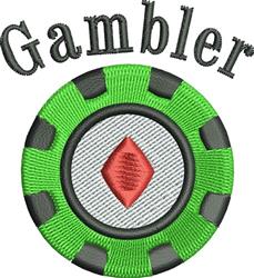 Playful gambling chip featuring a vibrant green color, a bold red diamond, and the word 'Gambler' above it.