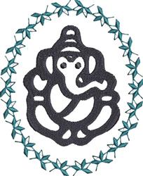 Stylized Ganesh figure with smooth outlines, framed by a teal leafy border in a modern, simplistic style.