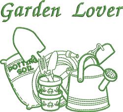 Whimsical spring design featuring garden tools like a watering can, shovel, and soil bag, perfect for gardening lovers.