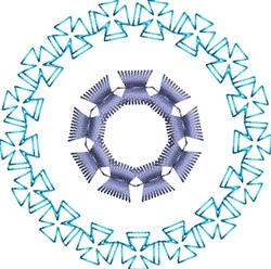 Geometric pattern featuring a central circular motif with blue hues, symmetrical shapes, and a modern design.