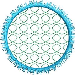 Circular embroidery design with blue fringe and green geometric stitching against a white background.