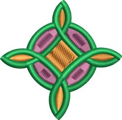 Geometric design featuring bold circular patterns with vibrant green curves, and rich purple and orange hues.