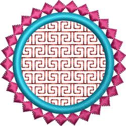 Geometric pattern design with circular shapes and swirling motifs in vibrant colors within a bold circular frame.