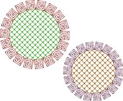 Circular decorative embroidery design featuring geometric patterns with green and brown circles, and intricate spiral motifs.