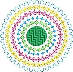 Colorful geometric pattern featuring a central green circle, vibrant zigzag lines, and star motifs.