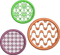 Geometric embroidery circles featuring a vibrant green, rich purple, and bold orange in distinct patterns.